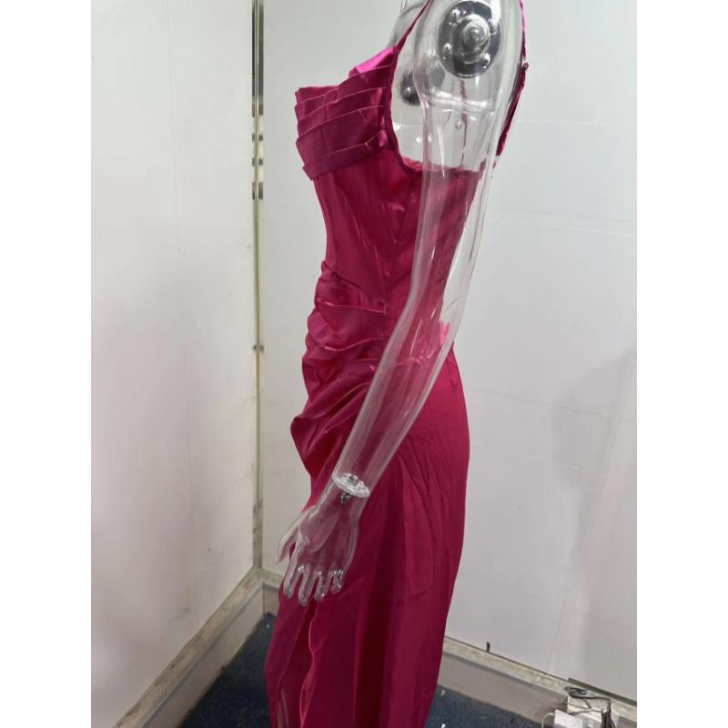 Women Satin One Shoulder Cowl Neck Maxi Dress Ruched High Slit Bodycon Slim Fit Elegant Evening Prom Party Formal Gown Multi Color