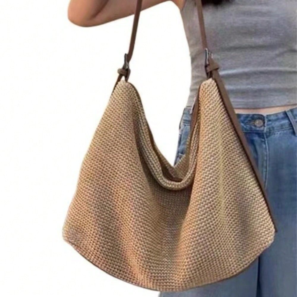 Sac Tissé d'Été Sac à Bandoulière pour Femme Sac Cabas beige