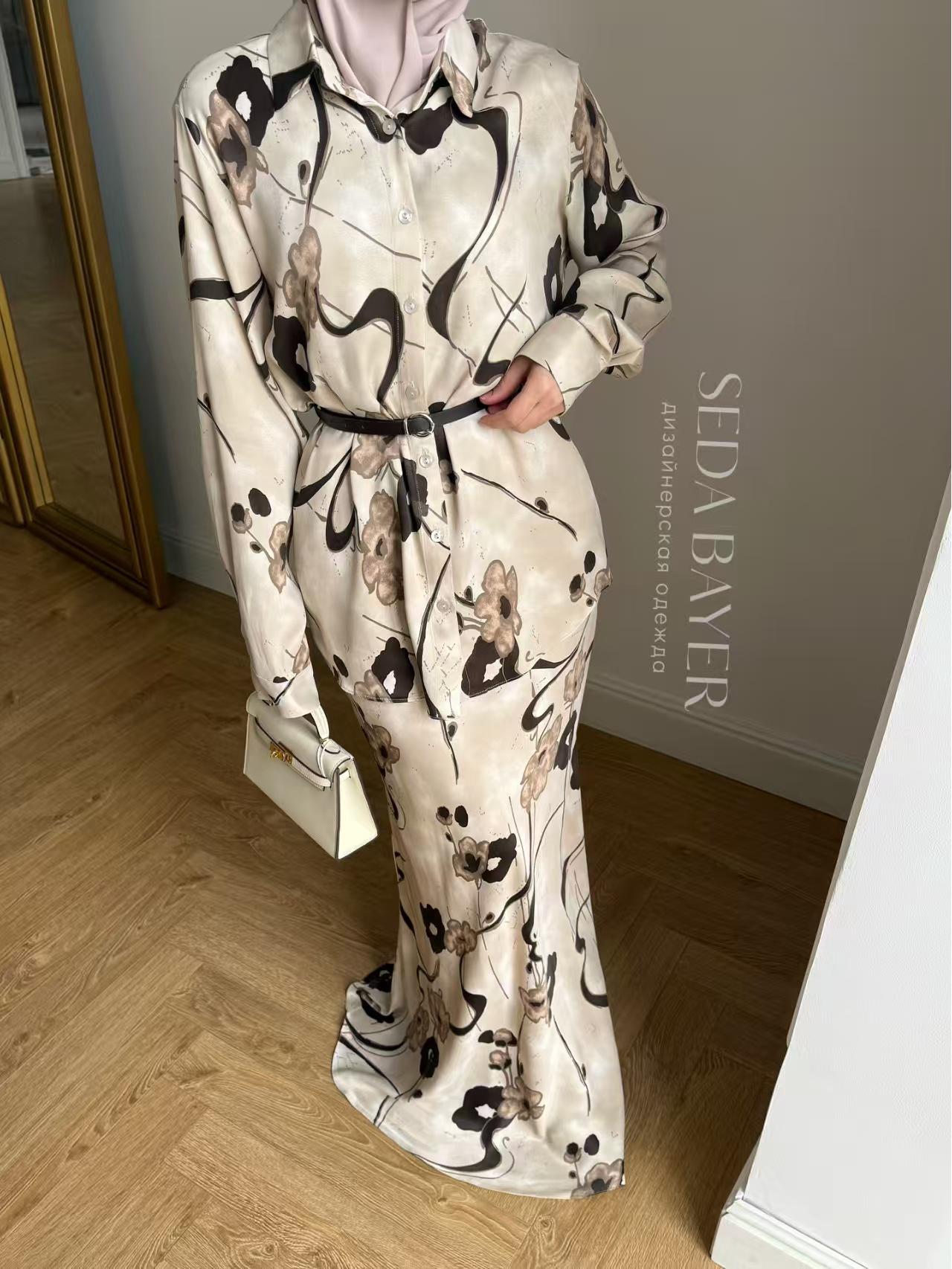 2026 Spring European & American Women s Satin Print Skirt Suit L
