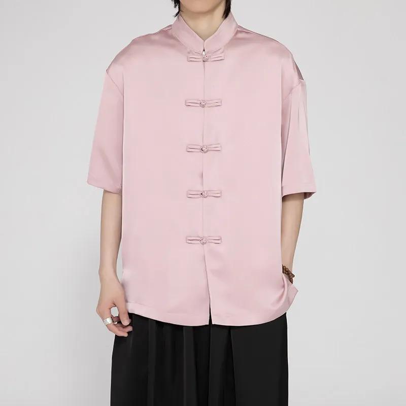 

Oriental Aesthetic Clothes Men New Chinese Style Tang Suit Shirt Men Frog Button Stand Collar Shirts Male Traditional Hanfu Tops XL рожевий