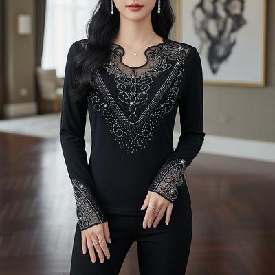 Elegant Rhinestone Lace V-Neck Long Sleeve Slim-Fit T-Shirt (Autumn/Winter 2025 Collection)