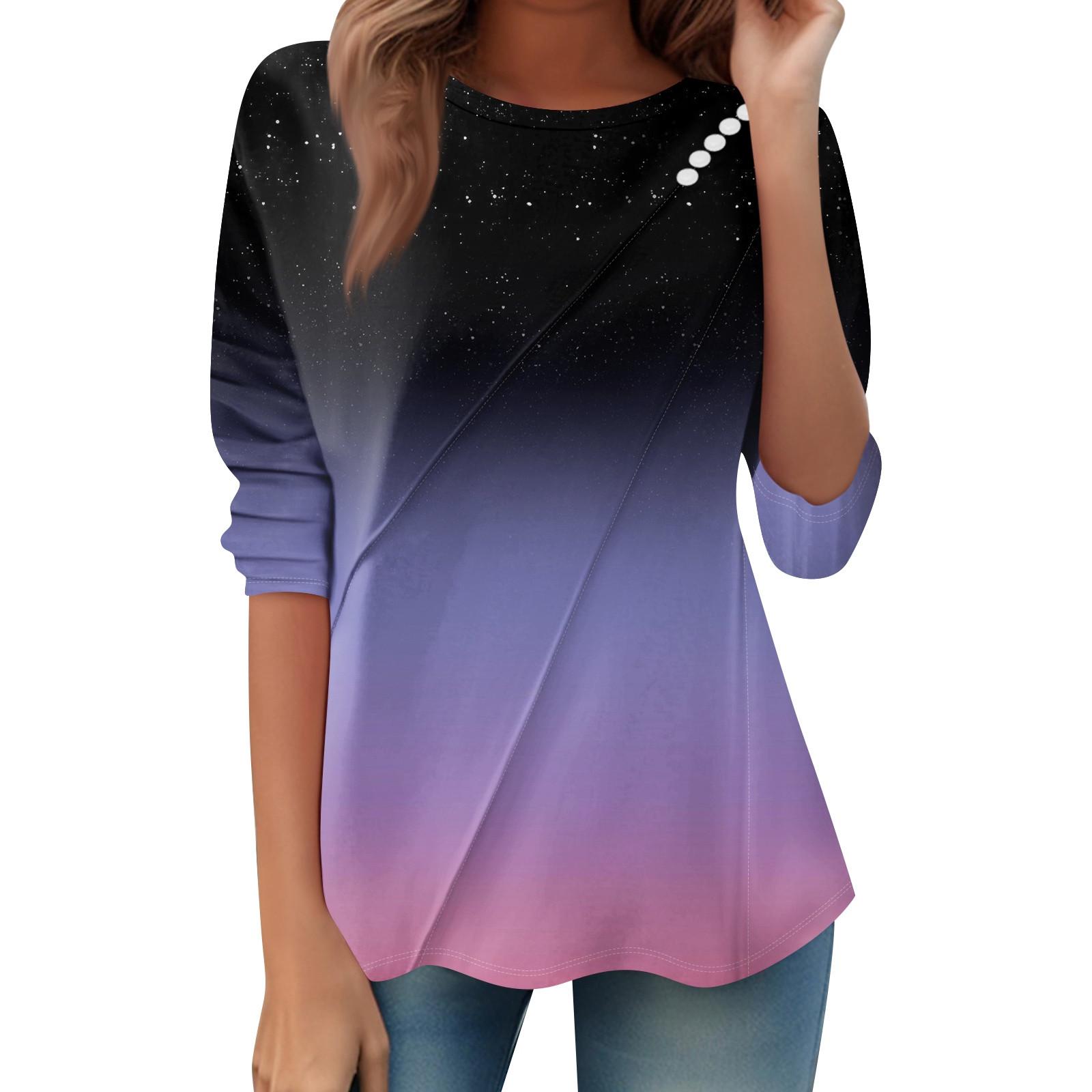 

Женский свободный повседневный топ с длинным рукавом, круглым вырезом, пуговицами, принтом в полоску, футболка XXL фиолетовый