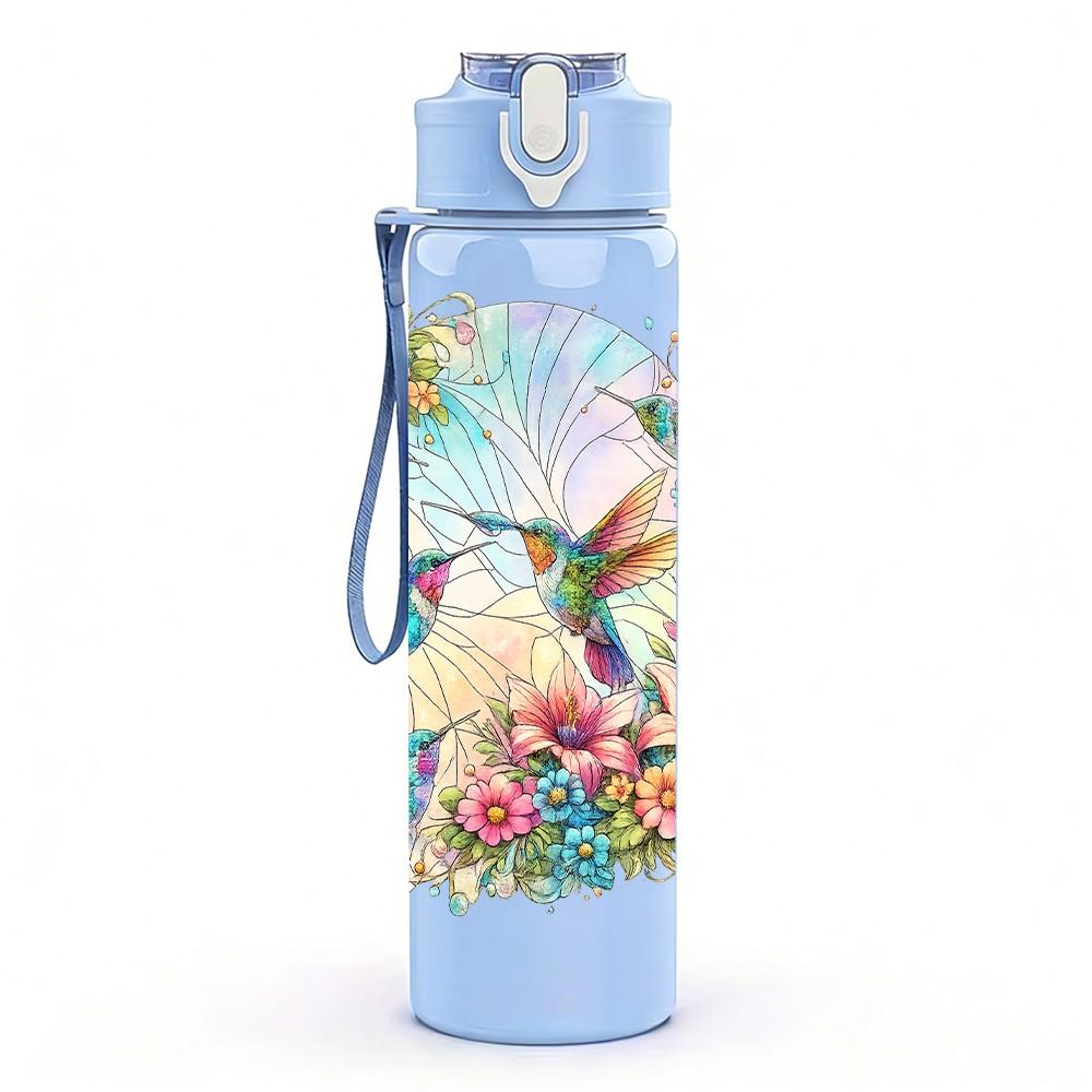 1PC Colorful Bird Butterfly Floral Print 750ml Color Plastic Sports Water Bottle Leakproof Flip Straw Lid Suitable for Sports Office Home Use