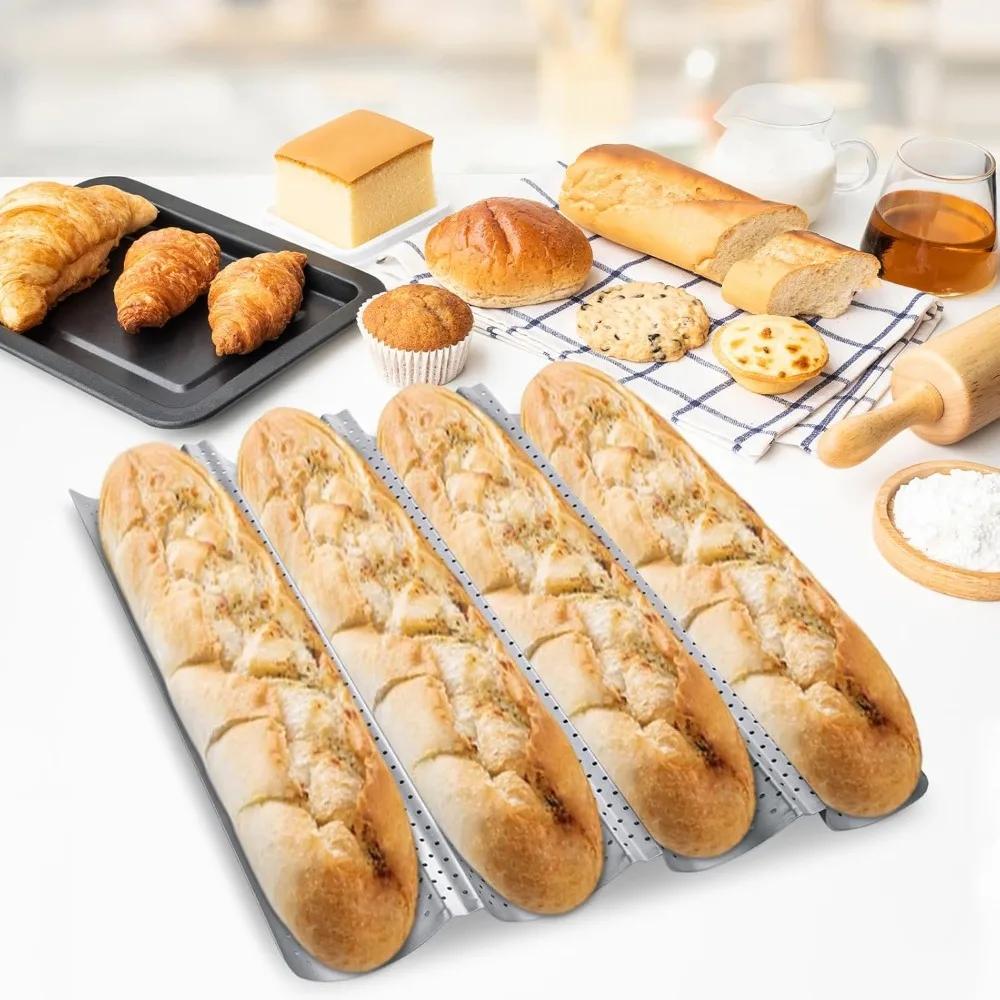 4 Loaves Loaf Bake Mold Baguette Tray Reusable Bread Pan Nonstick French Bread Baking Heat Resistant Perforated Baking Tools