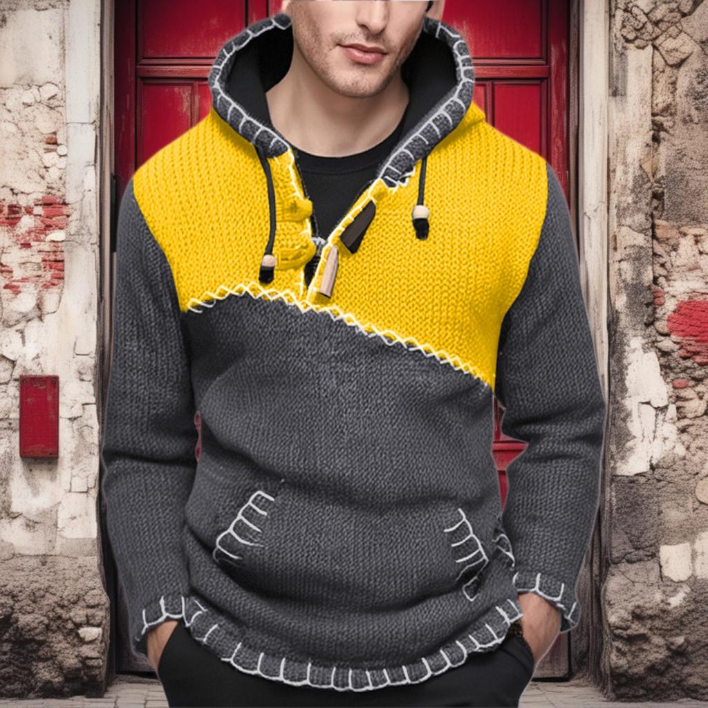 Men's Contrast Color Stitching Sweater Long Sleeve Hooded Sweater Sweatshirt