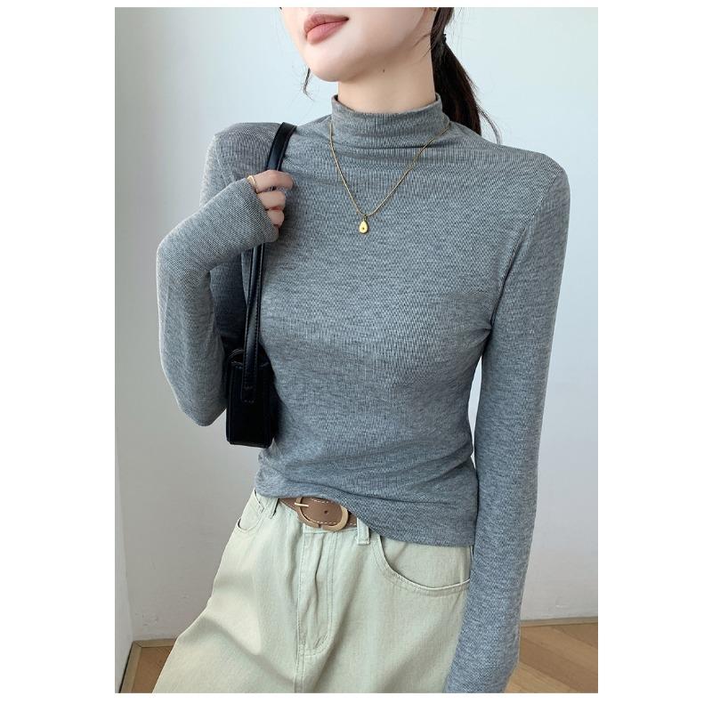 Autumn Winter High Collar Color Simple Fashion Bottomed Tee Women Long Sleeve Slim Casual Pullover T-shirt Top