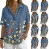 Women's Vintage Floral Print Short Sleeve T Shirt Loose Fit Button Down Polo Collar Linen Blend Casual Top