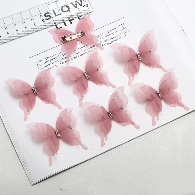 6 Colors 3D Tulle Butterfly Brooch Pins 10Pcs Rhinestone Organza Lapel Pins for Women Fashion Daily Wear Accessory
