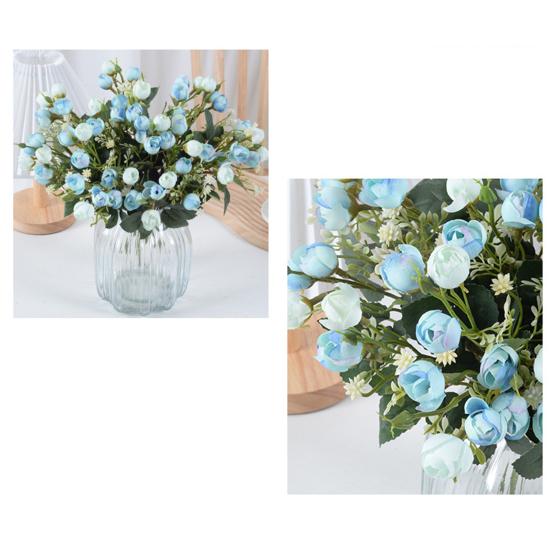 Artificial Flower with Green Leaves 15 Head Fake Silk Flower DIY Wedding Floral Arrangement Home Office Party Faux Bloom Decoration
