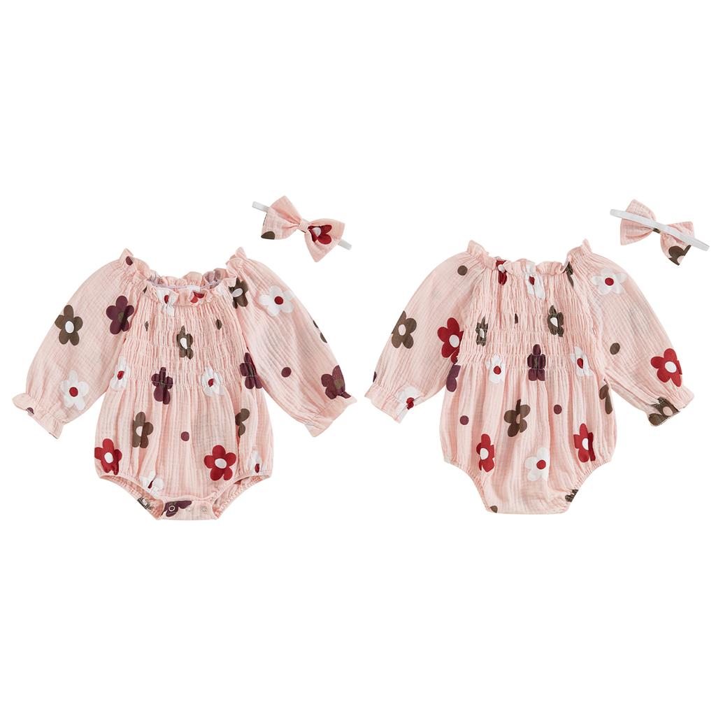 2-Piece Baby Girls Set Long Sleeve Floral Print Square Neck Smocked Ruffled Romper Bow Headband Adorable Outfits