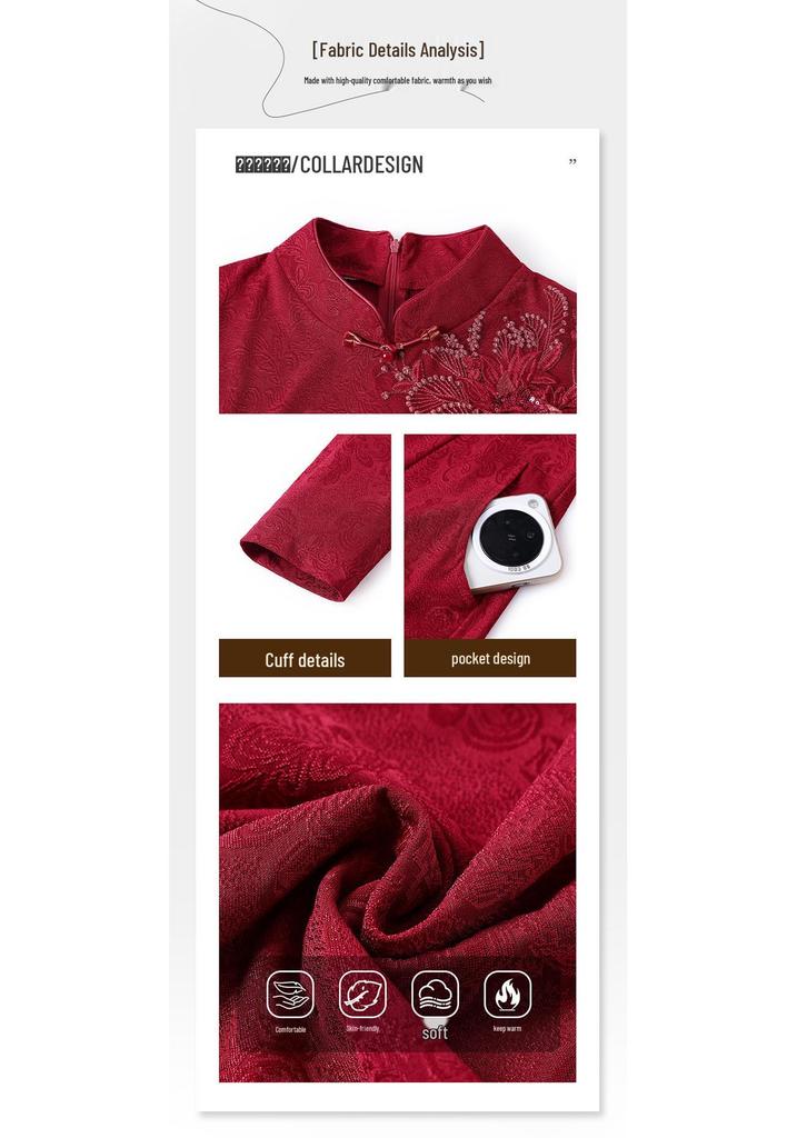 Red Long-Sleeve Qipao for Mothers, Elegant Autumn/Winter Wedding Banquet Dress