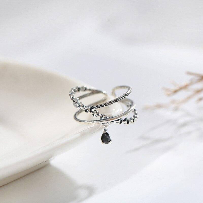 ANENJERY Dreischichtiger offener Ring mit Kreuzkette aus schwarzem Zirkon und Wassertropfen für Damen