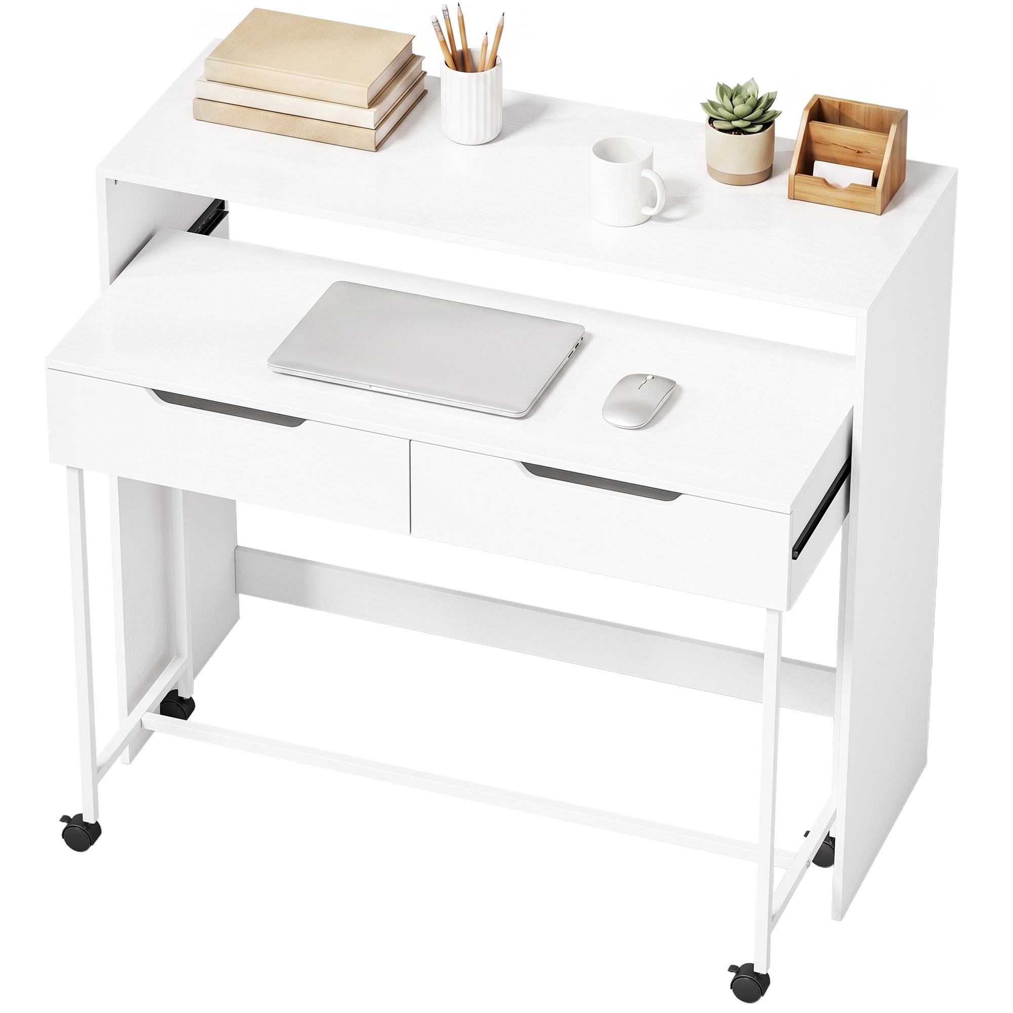Bureau d'ordinateur extensible 100 cm avec 2 tiroirs Bureau avec rangement Style moderne Blanc
