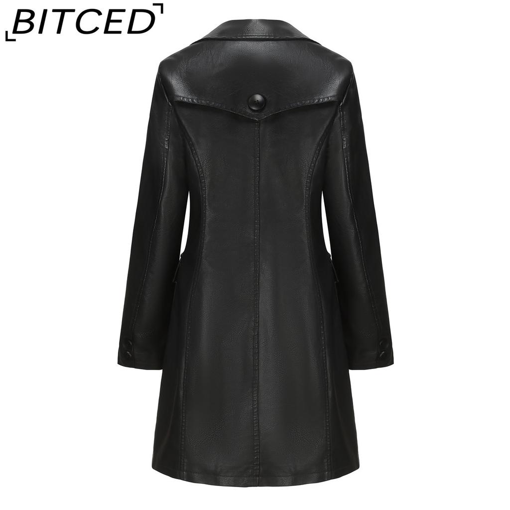 BITCED Long-Length Leather Coat Spring/Autumn Long-Sleeved Leather Trench Coat Stylish British-Style Outerwear Polo Neck Single-Breasted