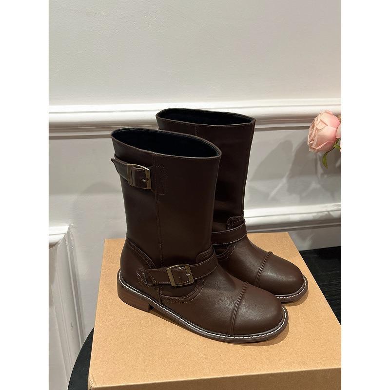 Cowhide Version~ Leather Thick-soled Belt Buckle Wide Tube Medium Tube Locomotive Boots Knight Boots Women's Martin Boots Long Boots