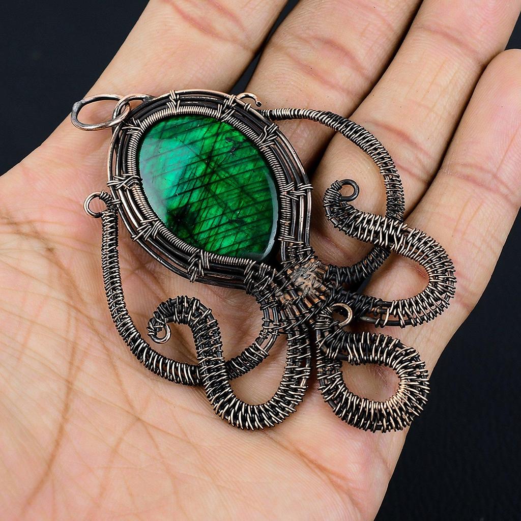 Green Flash Labradorite Pendant, Handmade Gemstone Pendant, 999 Copper Wire Wrapped Pendant Antique Jewelry, For Engagement Gift