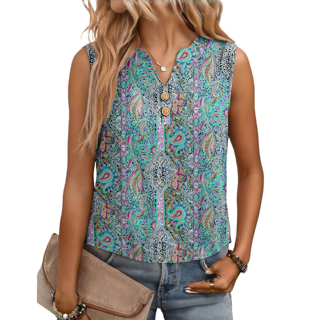 Women's Casual, Loose-Fitting, Printed, Sleeveless Linen Blouse