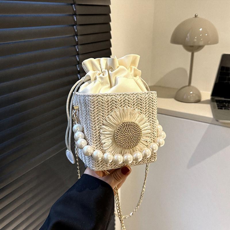 Trendy Woven Crossbody Bag With Pearl Embellishments For Girls