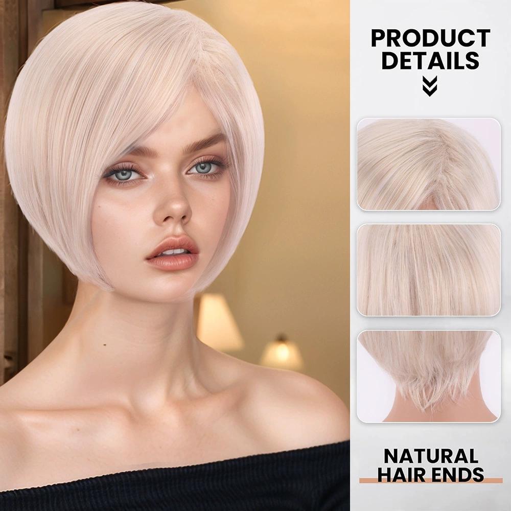White Blonde Synthetic Wigs with Bangs Short Straight Bob Hair for Women Cosplay Daily Natural Heat Resistant Fibre