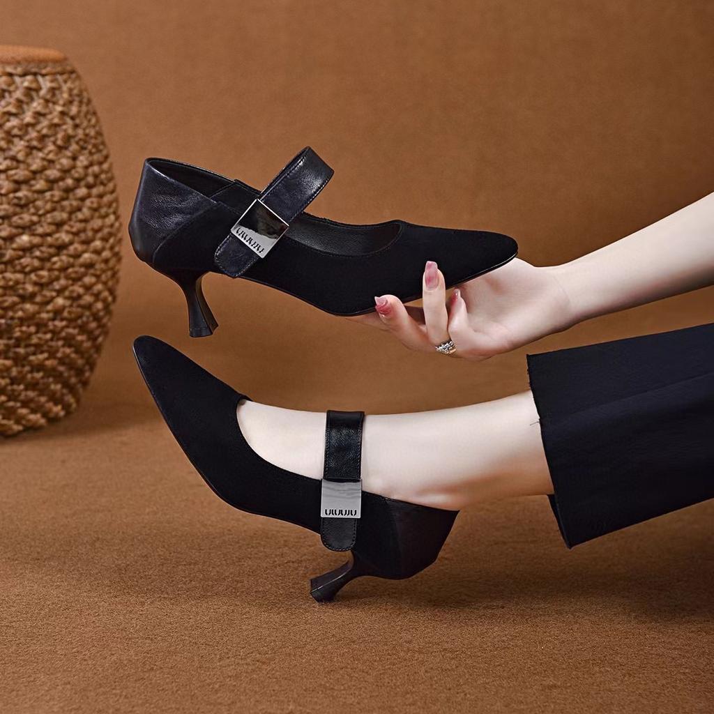 Pointed High Heels Women's 2025 Spring New European and American Style Simple Temperament Small Single Shoes One-word Buckle Shallow Mouth Fashion Sho