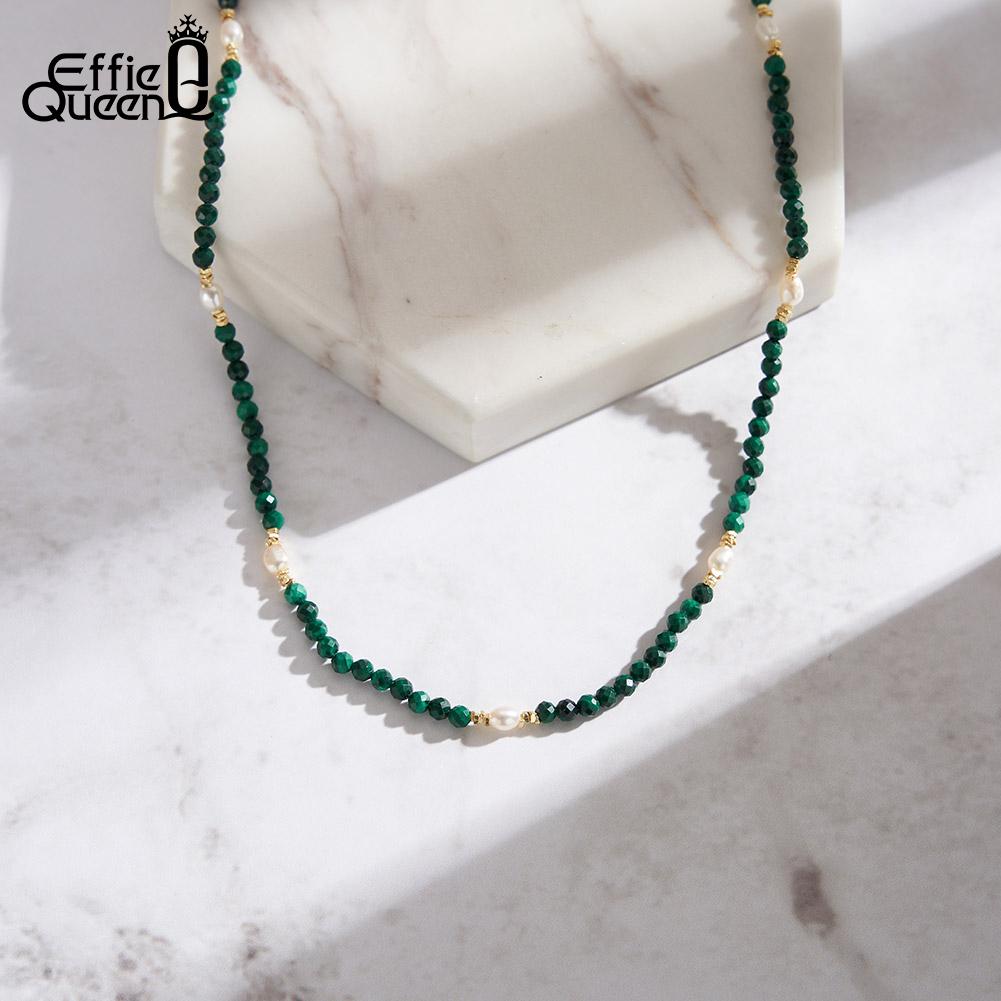 EFFIE QUEEN 925 Sterling Silver 14K Gold Choker Necklace Natural Freshwater Pearl With Malachite Natural Stone Series Gift MPN07