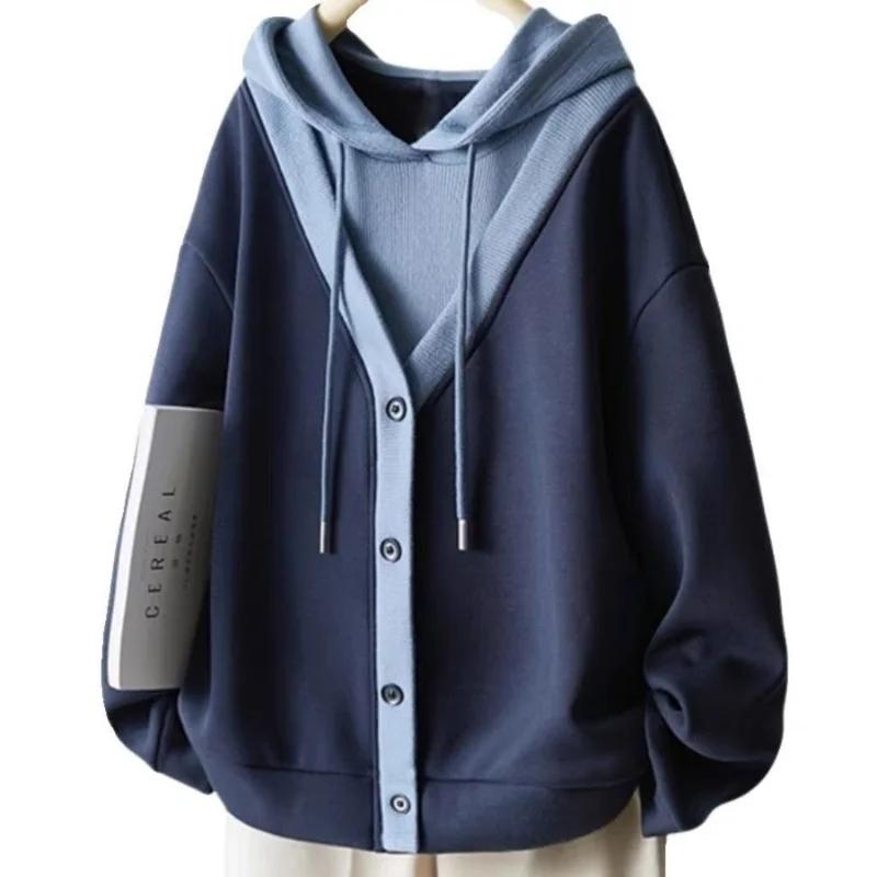 

Button Top Fashionable and Versatile Fake Two-piece Hooded Sweatshirt for Women Contrasting Simple L синий