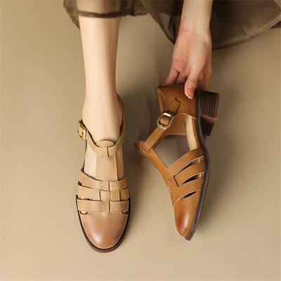 Fashion 2025 New Summer Sandals Split Leather French Retro Woman Shoes Chunky Heel Round Toe Sandals Shoes Handmade Casual Women Pumps