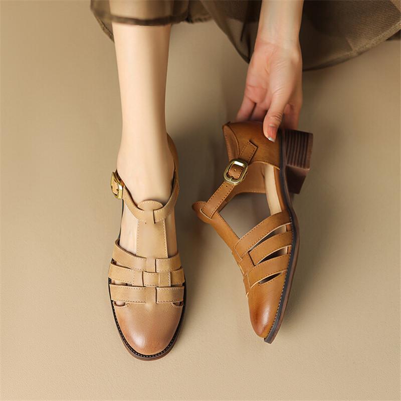 Fashion 2025 New Summer Sandals Split Leather French Retro Woman Shoes Chunky Heel Round Toe Sandals Shoes Handmade Casual Women Pumps