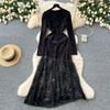 Women's Heavy Diamante Round Neck Long Sleeve Splicing Receiving Waist Sequins Mesh Irregular Dress