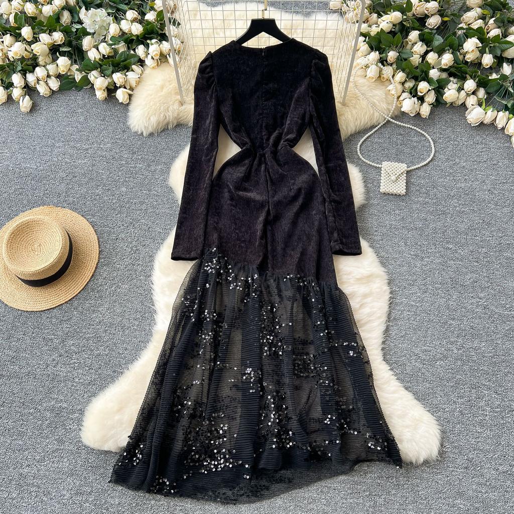 Women's Heavy Diamante Round Neck Long Sleeve Splicing Receiving Waist Sequins Mesh Irregular Dress