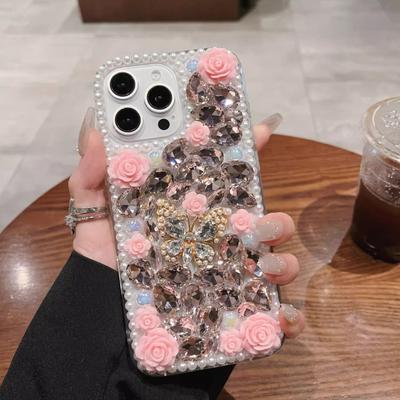 Luxuriöse Vollbild-Handyhülle mit Strass-Schmetterling und Blume für iPhone 16 15 14 13 12 11 Pro Max