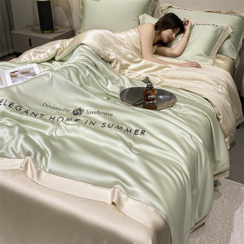 Class A Ice Silk Water Washable Summer Quilt Set - Naked Sleep Embroidery, Thin Blanket, Air Conditioning Quilt, Four-Piece Gift.