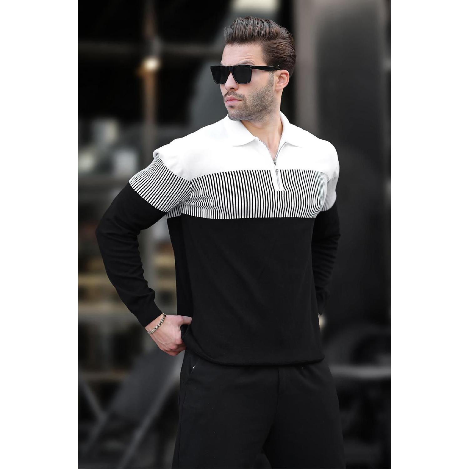 

Black Zipper Collar Color Blocked Long Sleeve Sweater 7262 S чёрный