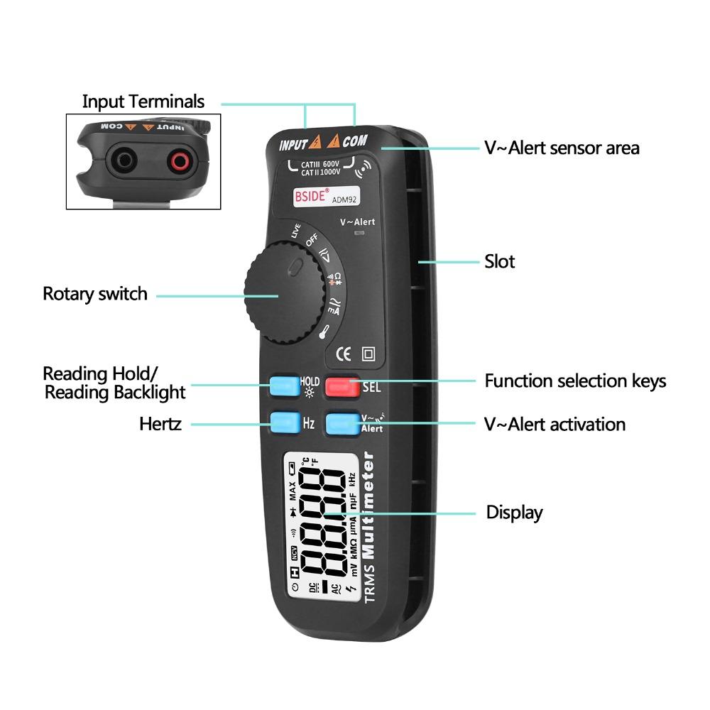 ADM92 Rms Digital  Multimeter Handheld True Auto Range 6000 Counts Trms Tester With Live Wire Check Temp Ncv Hz Ohm Diode