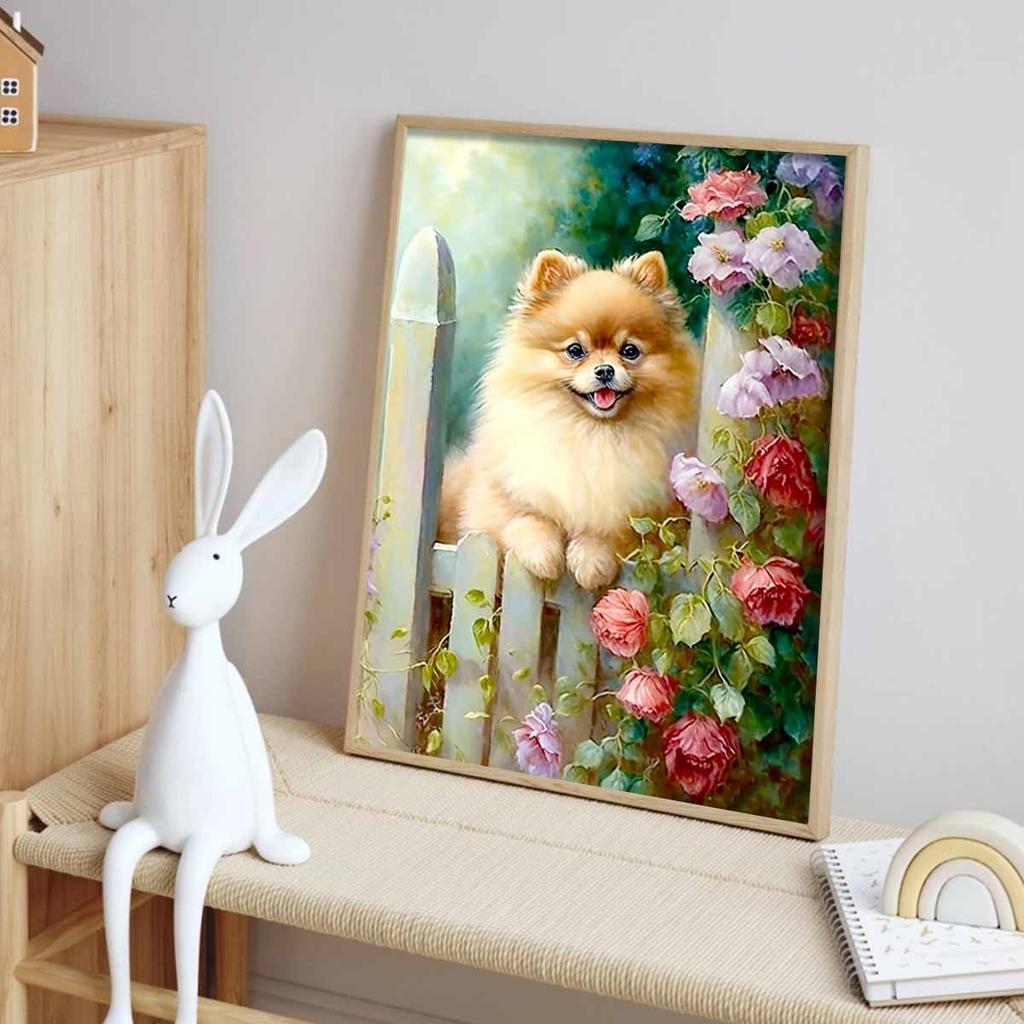 Dog Diamond Art Set, 5D Flower Diamond Embroidery DIY Round Full Diamond Gemstone Crafts for Home Wall Decoration