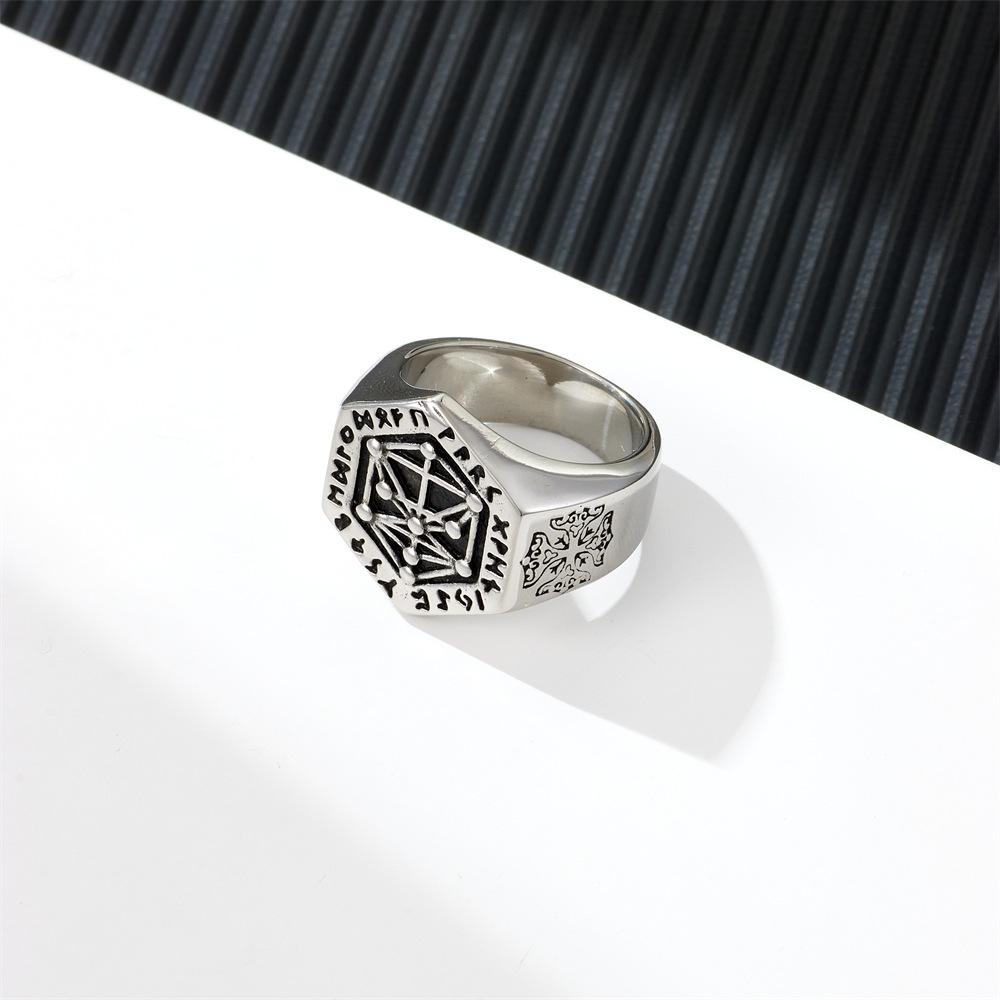 Totem Men's Titanium Steel Retro Ring, Odin Rune Personality Hip Hop Stainless Steel Viking Ring