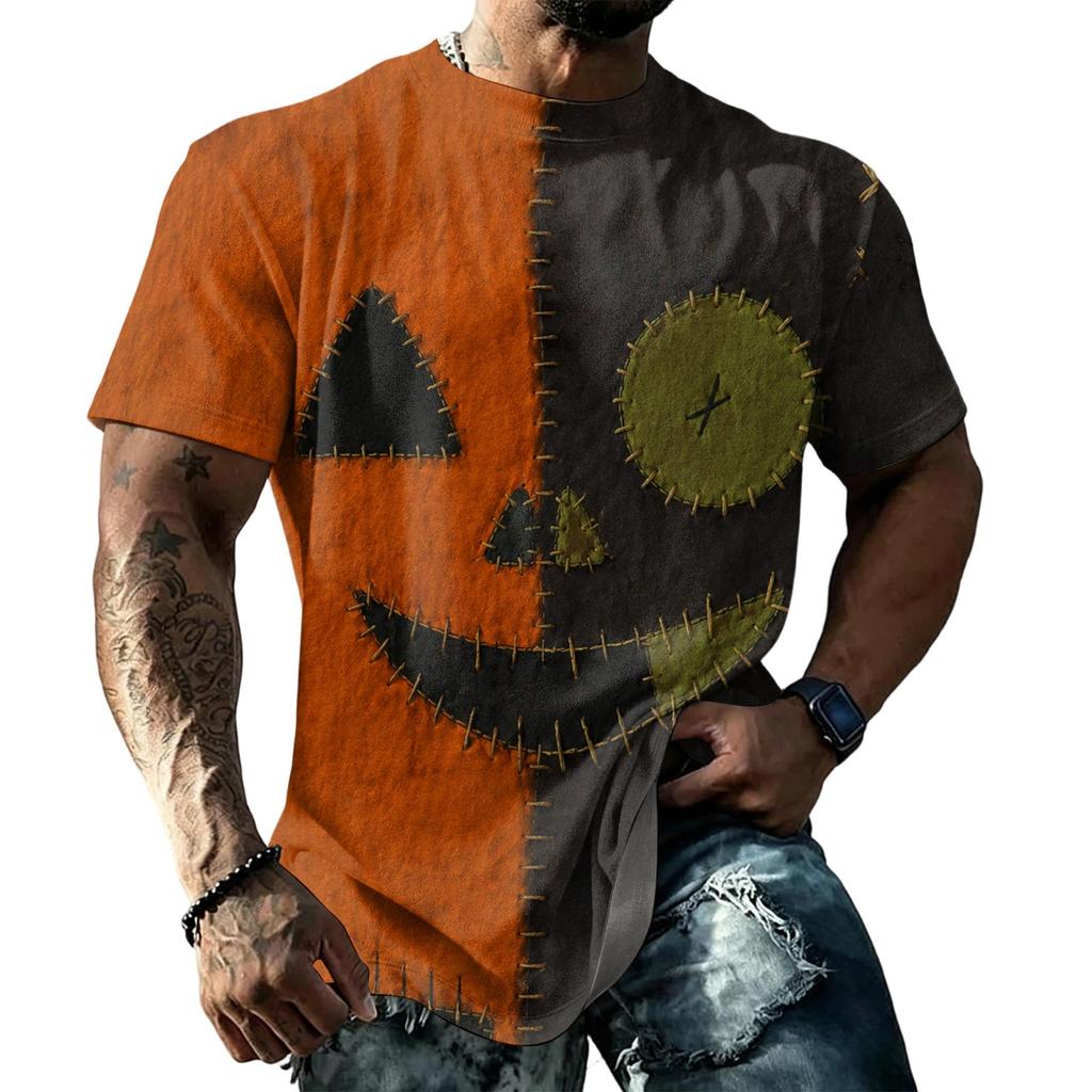 Loose Fit Casual Short Sleeve T Shirt Halloween Patchwork Stitch Print Top for Men and Women Unisex Comfortable Everyday Wear