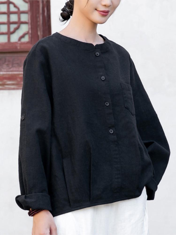 Johnature Women Vintage Ramie Shirts Tops Stand Long Sleeve Blouses Solid Color Spring Button Pockets Shirts
