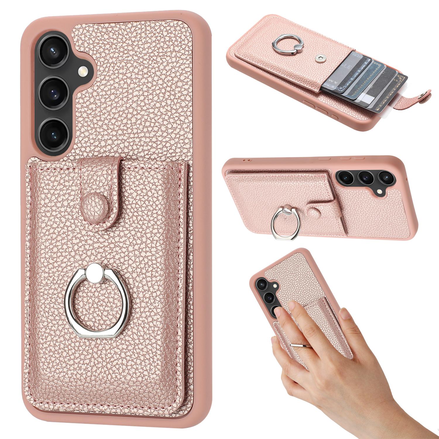

For Samsung Galaxy A35 5G Case Drawing Type Card Slots Litchi Texture Leather Back Cover with Ring Kickstand Rose Gold