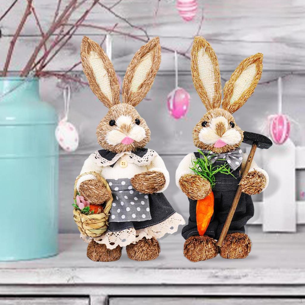 Artificial Bunny Statues Crafts with Clothes Standing Straw Easter Rabbit Decor for Desktop Gifts