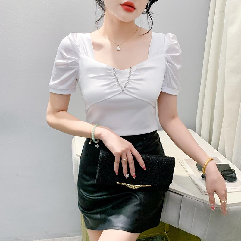 2024 Women's Summer Square Neck Slimming T-Shirt with Short Sleeves
