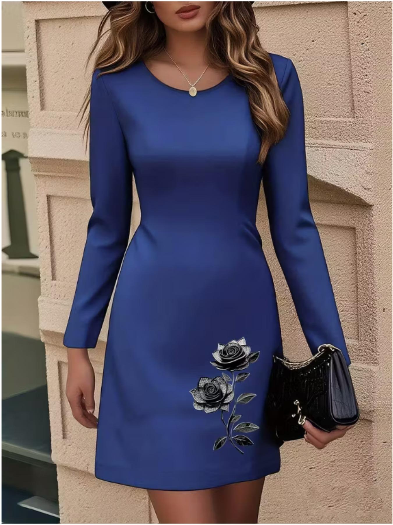 

2025 Осінньо-зимовий Новий Жіночий Модний Плаття з Довгим Рукавом та Круглим Вирізом, що Облегає Стегна, з 3D Квітковим Принтом та Фарбуванням, Обмежена Серія до Дня Святого Валентина XXL синій