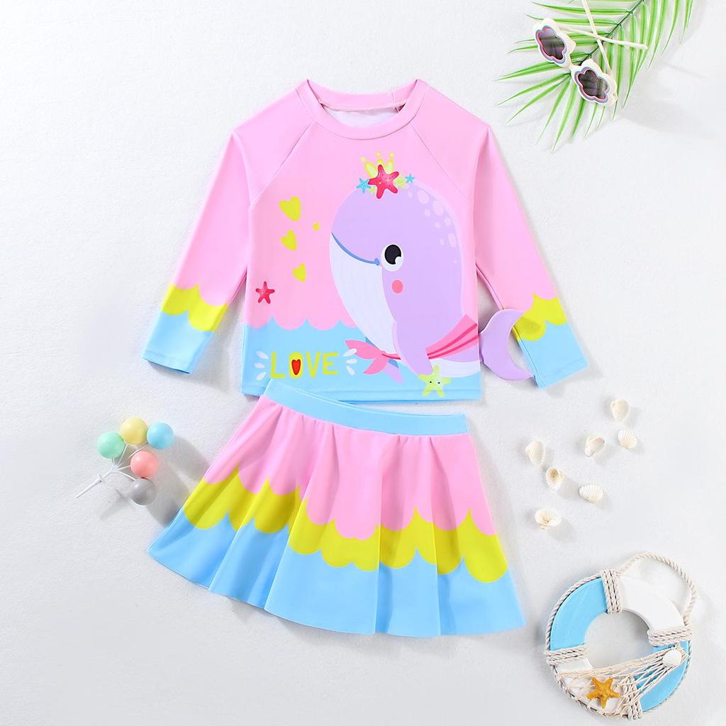 Girls' 2025 Long-Sleeved Cartoon Dolphin Swimsuit with Short Skirt