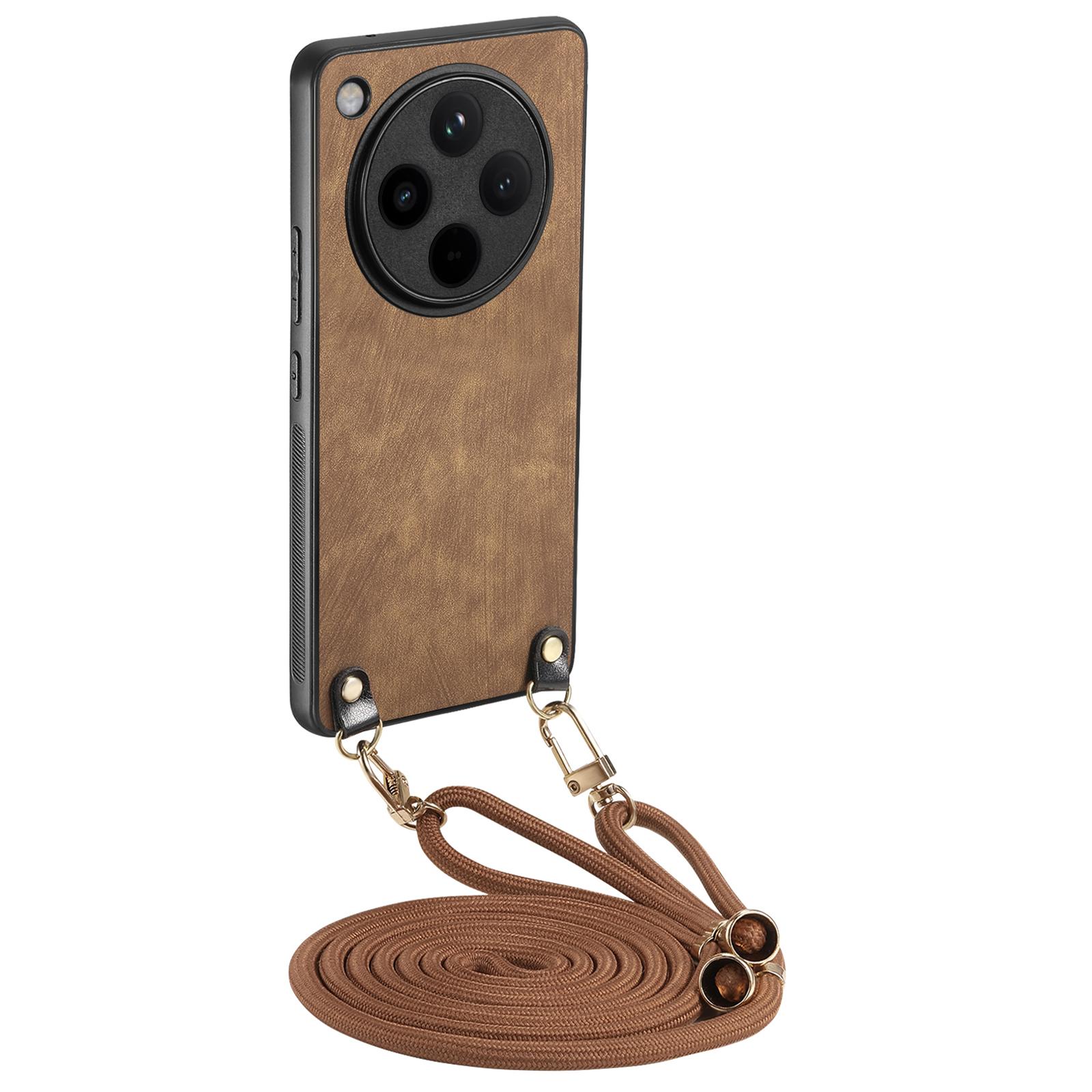 

For Oppo Find X8 Pro 5G Case Retro Texture Leather Coated PC+TPU Phone Cover with Hanging Rope Brown