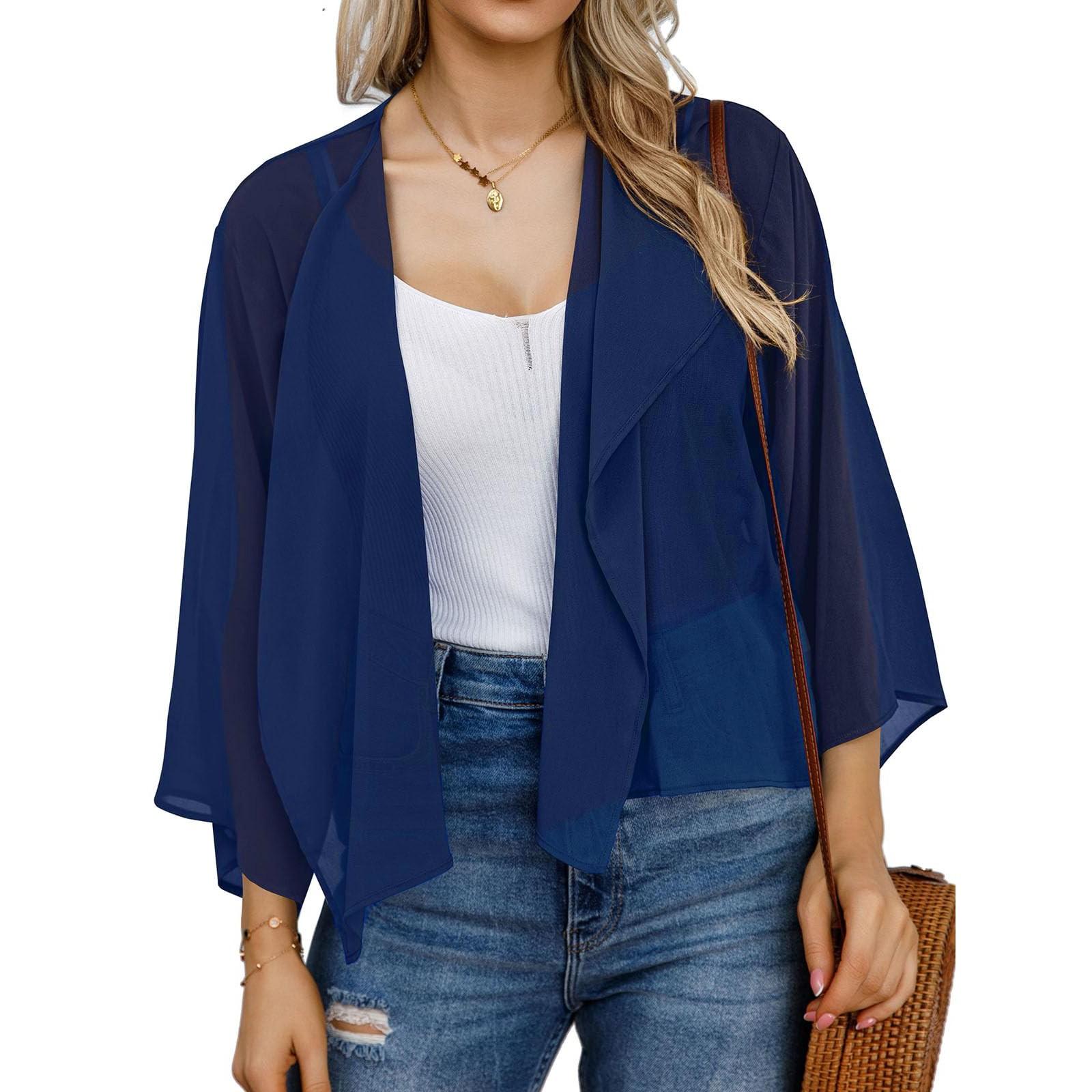 

Women s Loose Flared Sleeves Color Chiffon Short Cardigan Sunscreen Top M Темно-синій