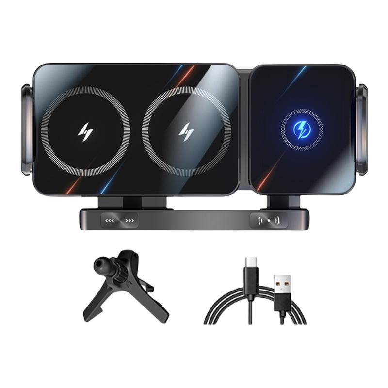 360 Rotation Magnetic Car Mount Wireless 15W Fast Charging Foldable Design Universal With Auto Clamping For Smartphones чёрный