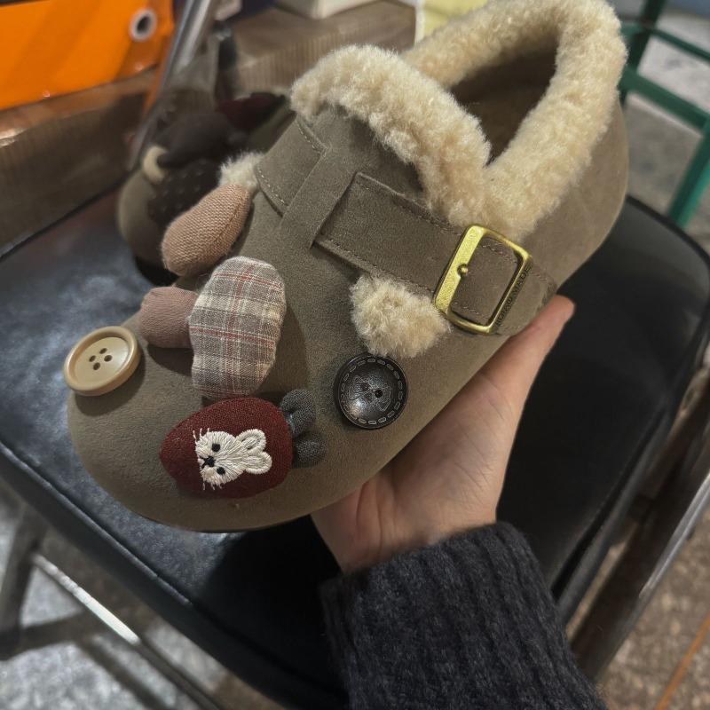 Schal Bär All-Inclusive Samt Damen Winter Neu Ein-Pedal Flauschige Schuhe Plateau-Sohle Retro Einzelne Schuhe