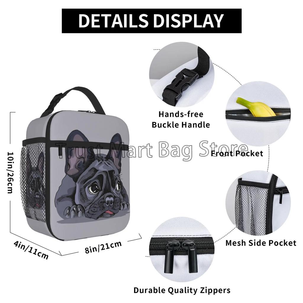 Borsa termica per il pranzo con muso di cucciolo di Bulldog francese per lavoro, scuola, picnic, riutilizzabile, portatile, termica, per donne e bambini