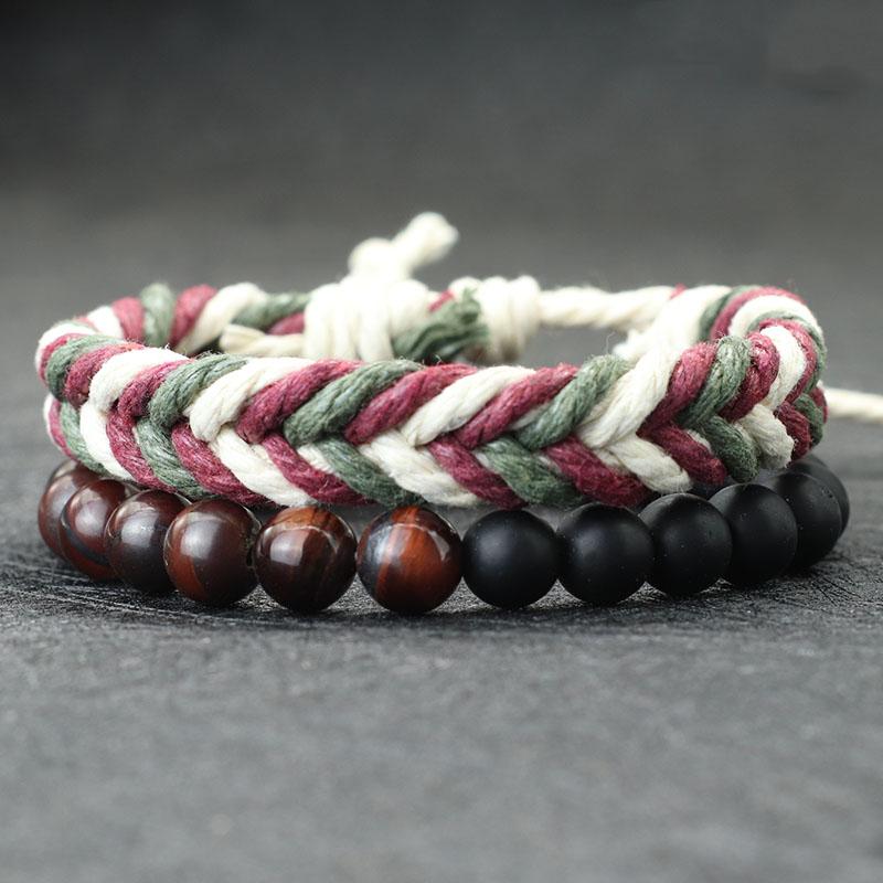 

Noter New 2Pcs/Set Men Bracelet Handmade Weaven Adjustable Cord Chain Braslet 8mm Natural Lava Tiger Eyes Stone Braclet Homme