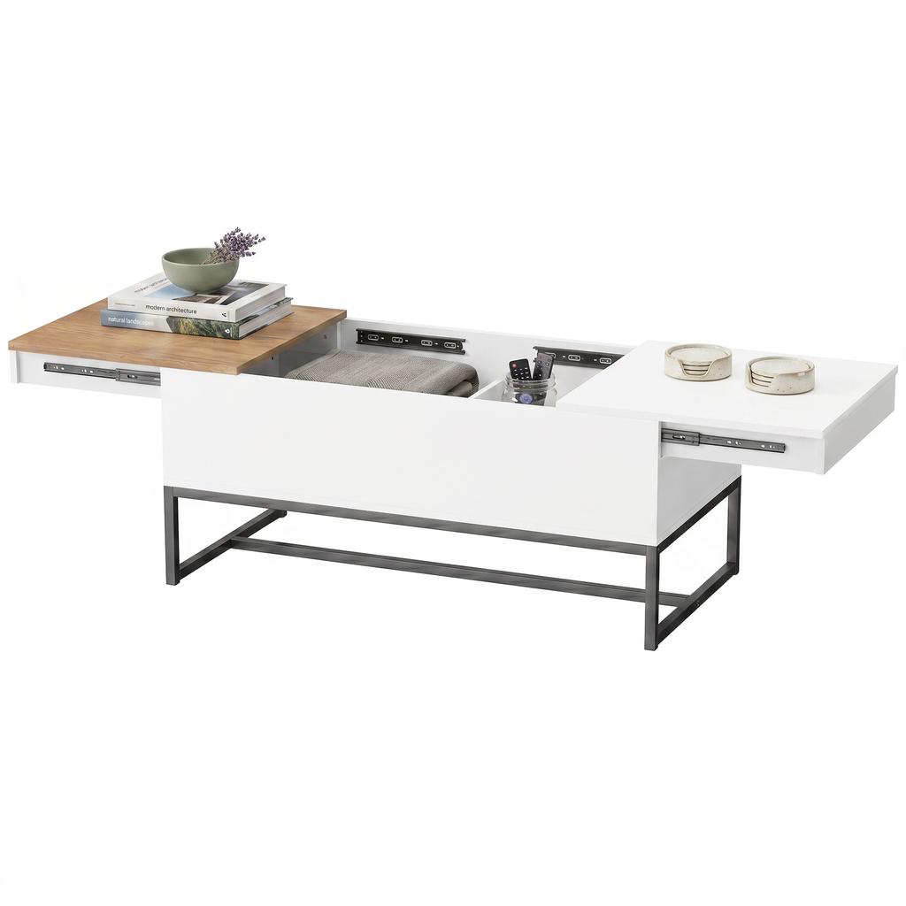Extendable Coffee Table, Modern Living Room Table with Sliding Top, Hidden Storage, and Steel Legs, White